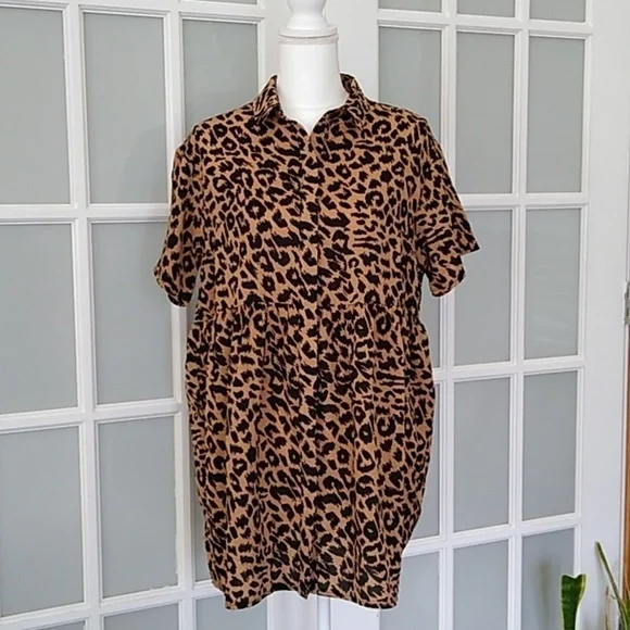 NWOT Missguided Brown Leopard Print Shirt Smock Mini Dress - Picture 8 of 16